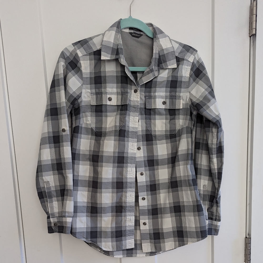 Ladies Gray And White Plaid Blouse Size XSmall